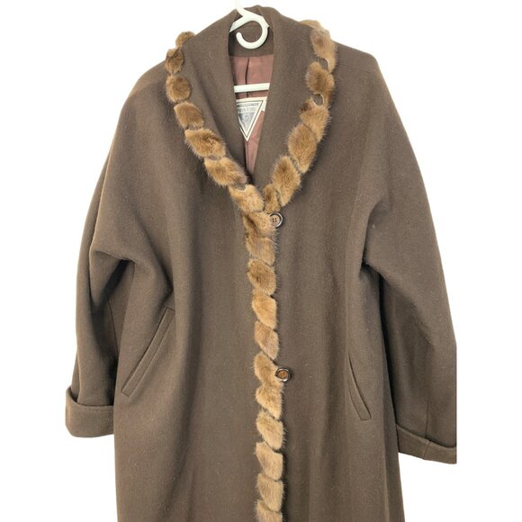 Vintage  Sz 16 Marvin Richards Brown Wool Coat Mink Trim Maxi Brown 7905 - Picture 13 of 15